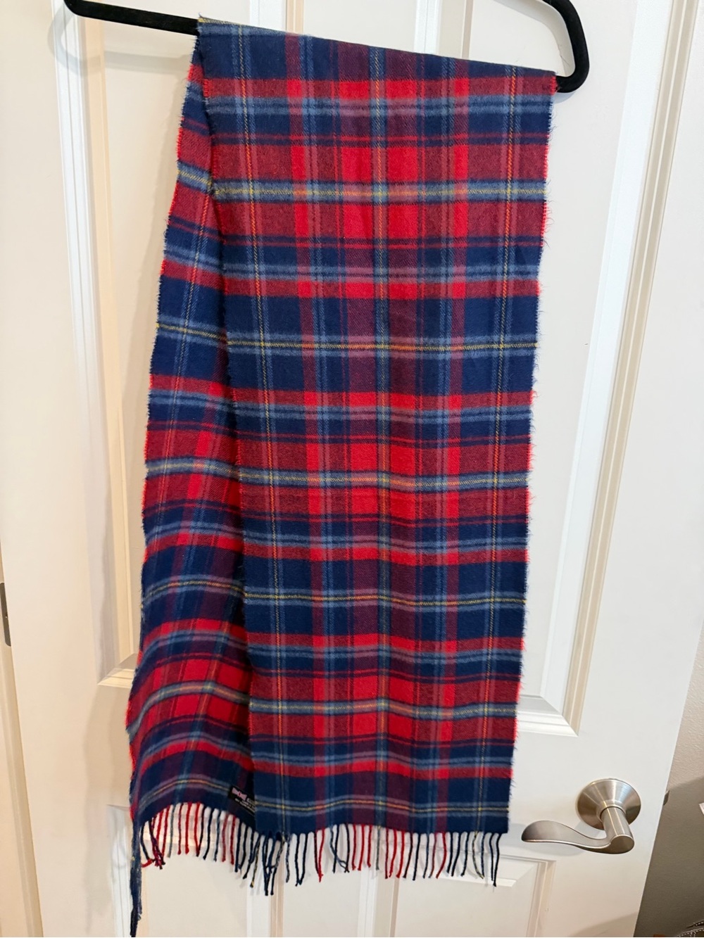 Red and blue plaid 100% cashmere made in Scotland scarf.